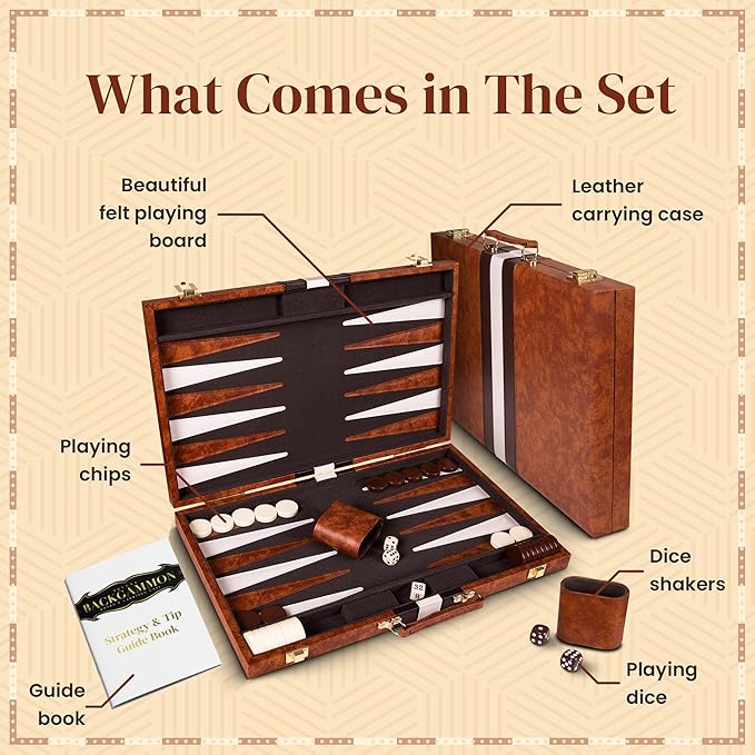 Backgammon Set 15 inch, Medium - Classic Board Game for Adults and Kids with Premium Leather Case - Includes Strategy & Tip Guide (Brown)