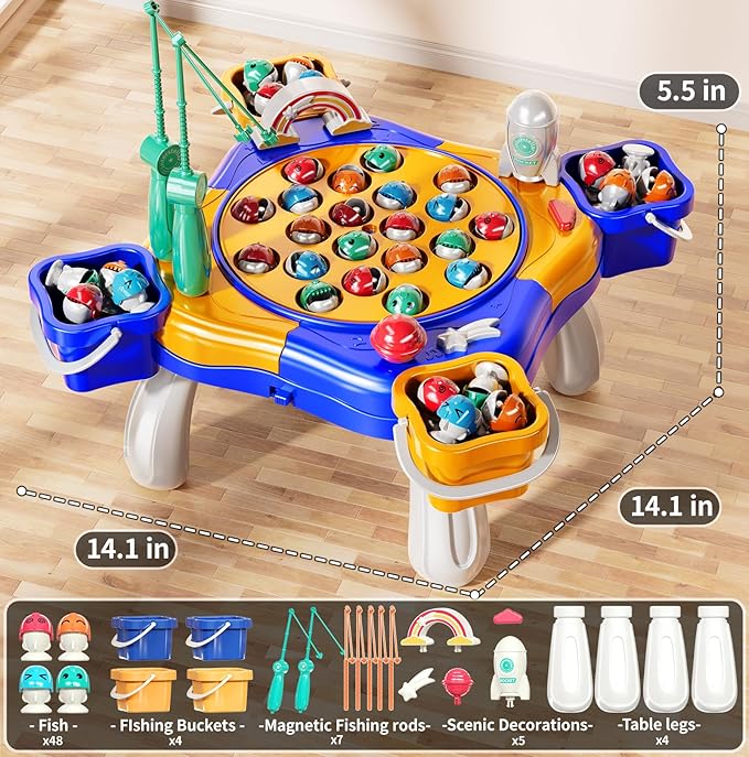 Magnetic Fishing Game Toys Kids 3-5, Including 48 Fishes and 8 Fishing Poles Rotating Board Game with Music, Party Game Toys for Kids Age 3 4 5 6 7 8 and Up