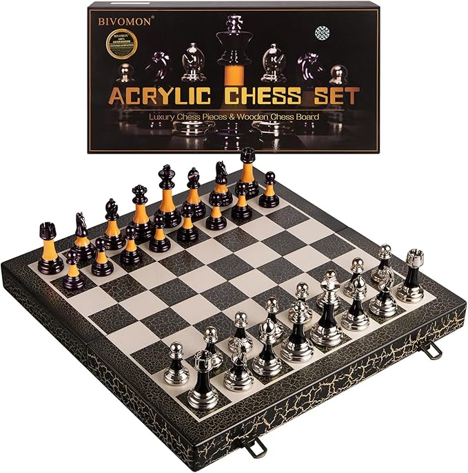 Chess Set 16" Wooden Foldable Black White Chess Board 3.5" Luxury Weighted Acrylic Chess Pieces with Storage Slots for Adults Children Gift Large