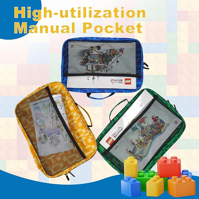 5 PCS Toys Storage Bags for kids,Travel Organizer Pouch Case for Lego Bricks, Puzzles, Building Blocks,Waterproof Colorful Print Design with Handle (Half-Transparent)