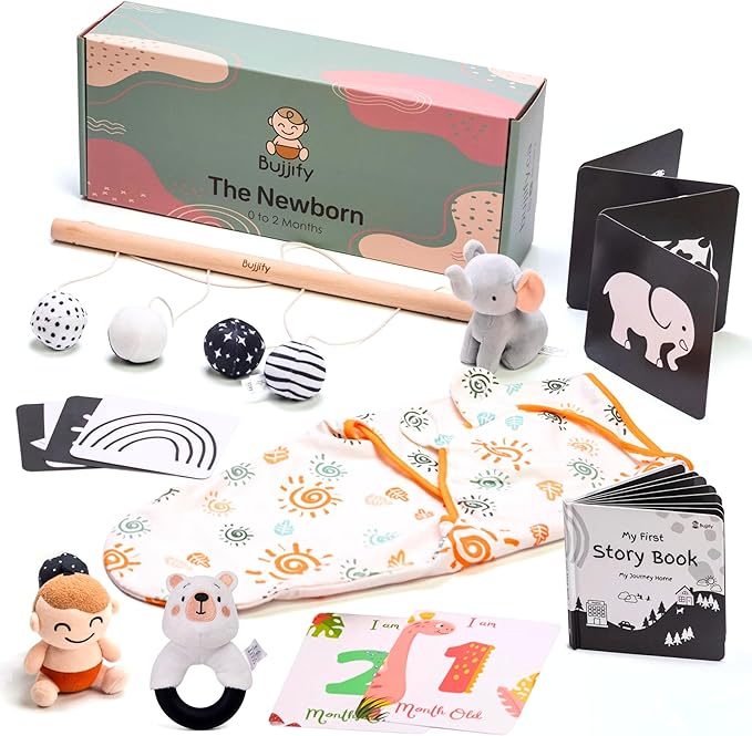 Newborn Montessori Toy Set 0-2 Month Infant Toys Black and White Book, Stroller Rattle, Organic Swaddle, High Contrast Flash Cards Elephant Animal Tummy Time