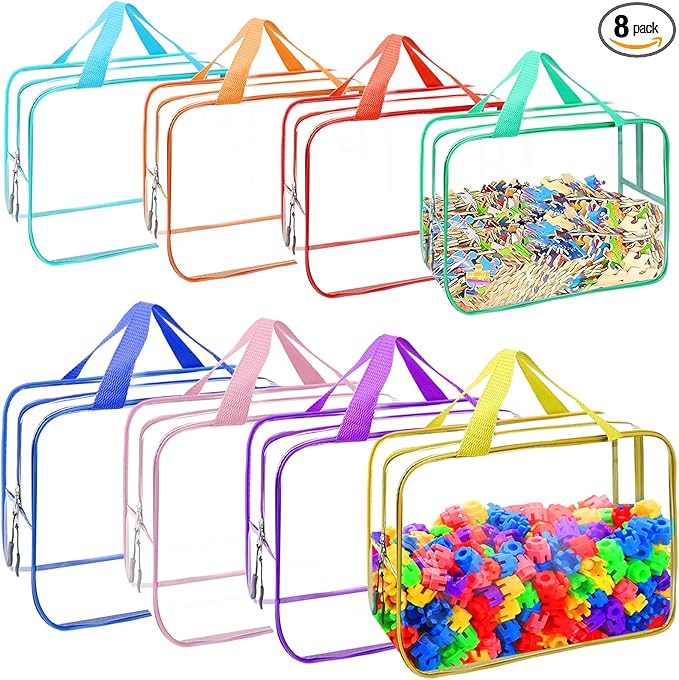 8 Packs 8 Colors Toy Storage Bags, Reusable Clear PVC Board Game Storage, Toy Storage Organizer Bags with Zipper for Building Blocks, Puzzle and Handmade Accessories, Clear Toiletry Bag