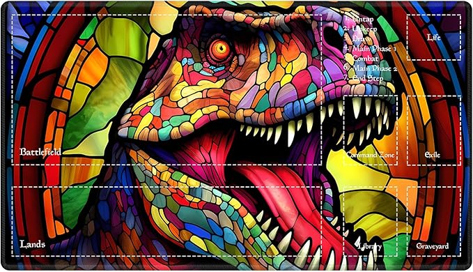 Playmat with Zones for MTG Card Game Playing, Tabletop Magic Play Mat 24"x14" Commander Deck Gaming Desk Duel Mat for Beginner, Stained Glass Retro T-Rex