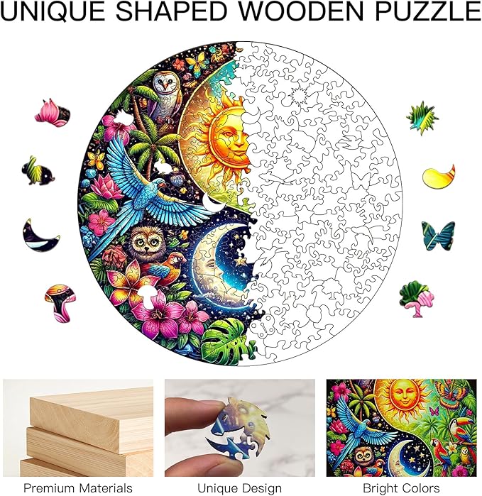 Wooden Puzzle for Adults – Tropiacl Yin-Yang Shaped Jigsaw, Unique Brain Teaser for Kid & Teen, 220 Pieces, 10"x10", Ships as Whole Puzzle Board (No Loose Pieces), Gift-Ready Box, Fun Family Game