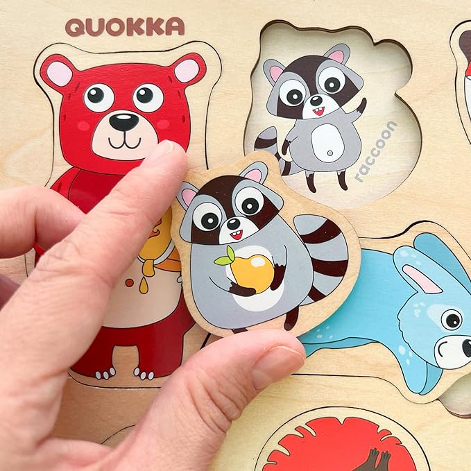 QUOKKA Wooden Puzzles for Toddlers Ages 1-3-5 – Animal Peg Puzzles for Kids 2-4 Years Old – Set of 3 Wood Learning Travel Toys for Children – Gift Educational Game for Boys and Girls