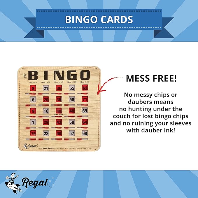 Regal Bingo Bulk Bingo Cards with Sliding Windows - Reusable Bingo Game Cards for Adults Large Group - 50 Pack, Woodgrain