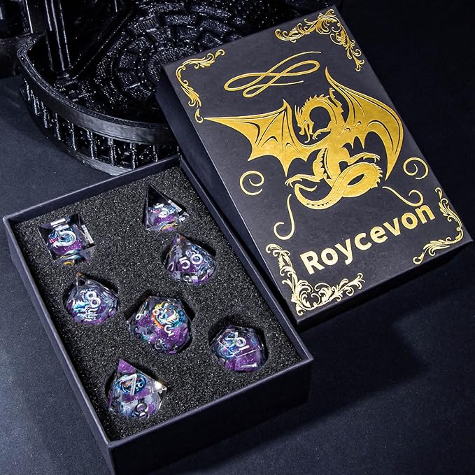 Dragon Pattern Liquid Core DND Dice Set, 7Pcs Sharp Edge D&D Dice with Gift Box, Resin Purple Dungeons Dragons D and D Role Playing Dice D20 D12 D10 D8 D6 D4
