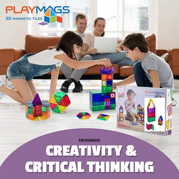 Playmags Magnetic Tile Building Set: Exclusive Educational Clickins 36-Pc. Kit: 18 Super Strong Clear Color Magnet Tiles Windows & 18 Letters & Numbers Stimulate Creativity & Brain Development