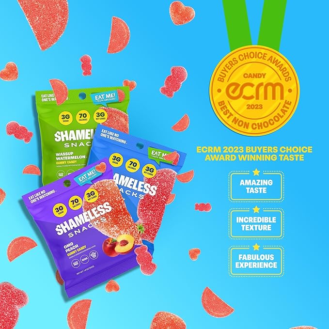 Shameless Snacks Fan Favorites Bundle Healthy Low Carb Keto Gummies Red Raspberry, Watermelon and Sour Peach
