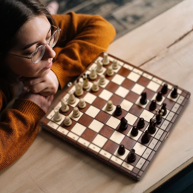 Husaria European International Chess Wooden Game Set, King's International - 14 Inches Medium Size Chess Set with Handcrafted Chessmen and Felted Folding Board