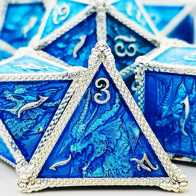 HAOMEJA Metal Dragon Dice Set DND 7 Set Dice Role Playing Dice D&D Dungeons and Dragons (Silver Blue)