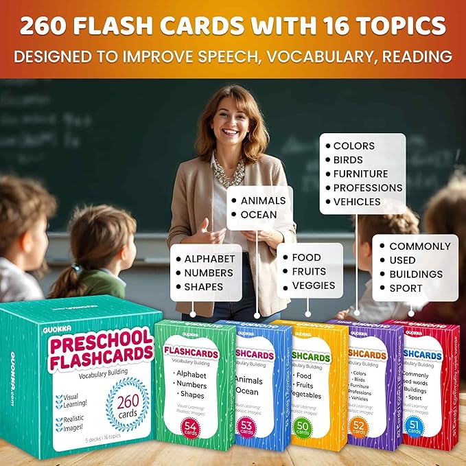QUOKKA 260 Flash Cards for Kids Ages 3-5 with Realistic Images – Pre K Flash Cards Age 4-5 for Toddlers & Preschool, Alphabet, Numbers, Shapes, etc with 30 Learning Activities Color-Coded for Sorting