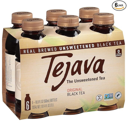 Tejava Original Unsweetened Black Iced Tea, 6 Pack, 16.9oz PET Bottles, Non-GMO, Kosher, No Sugar or Sweeteners, No calories, No Preservatives, Brewed in Small Batches