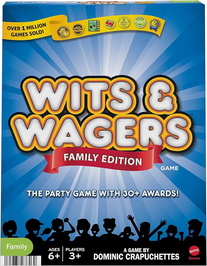 Mattel Games Wits & Wagers Board Game Family Edition for Kids and Adults with Dry Erase Boards, Markers & Question Cards