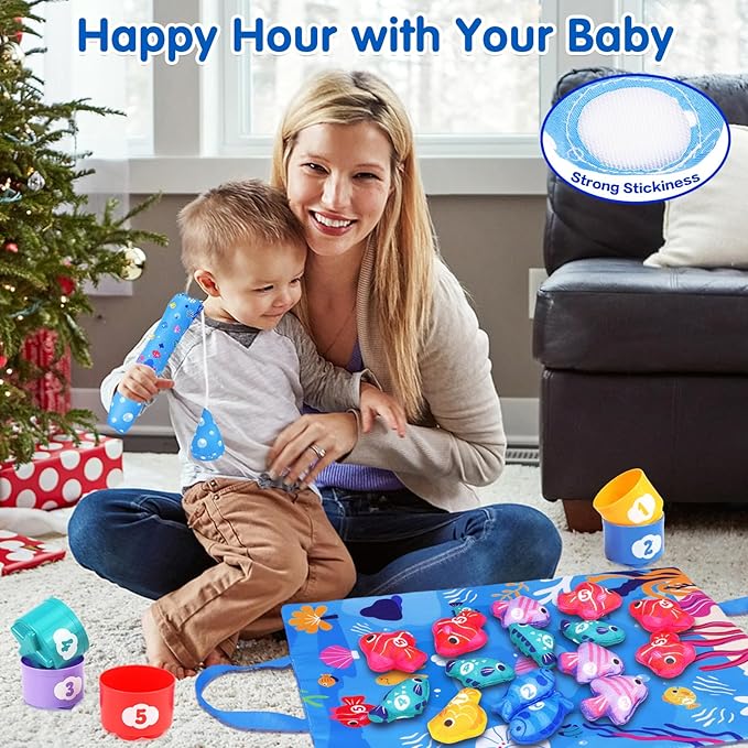 Montessori Toys for 1 Year Old - Cloth Fishing Game Baby Toys 6-12 12-18 Months with Stacking Cups - Sorting Learning Toddler Toy Age 1-2 - Babies First Birthday Gifts for 1 2 3 Year Boy Girl