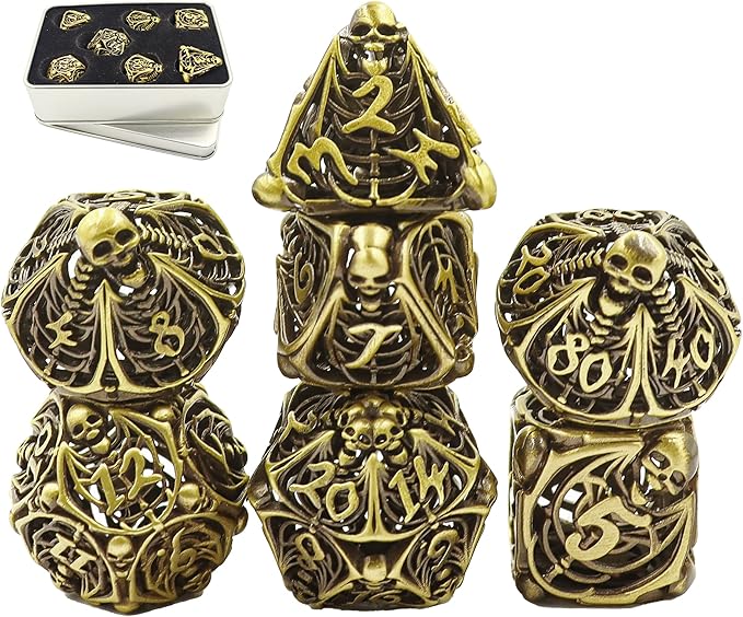 Metal DND Dice Set Skull Dungeons and Dragon Dice Set Hollow Polyhedral Magic 7 PCS Dice Set with Gift Metal Box for Dungeons and Dragons Table Games Play Cards MTG(Skull_Ancient Bronze)
