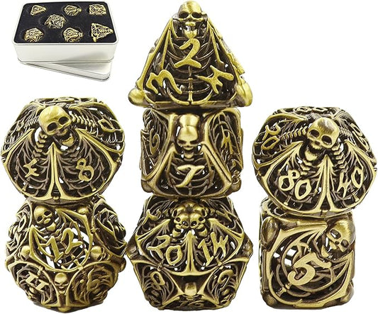 Metal DND Dice Set Skull Dungeons and Dragon Dice Set Hollow Polyhedral Magic 7 PCS Dice Set with Gift Metal Box for Dungeons and Dragons Table Games Play Cards MTG(Skull_Ancient Bronze)