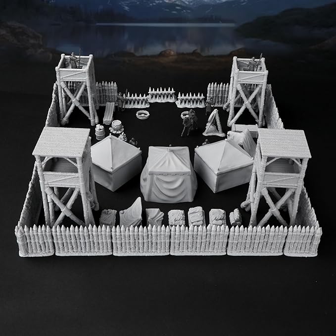 AUSPDICE AF676 Medieval Military Camp RPG Terrain Set for DND Map Building, Compatible with TTRPG Games, Modular Game Pieces with Barricades, Tents, Watchtowers, and Props