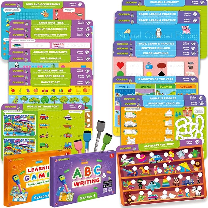 QUOKKA Busy Book Handwriting Practice for Kids - 2 Set - Learn to Write for Toddlers Age 3 4 5 - | 24 Tasks | 4 Dry Erase Markers | - Homeschool Preschool Learning Activities