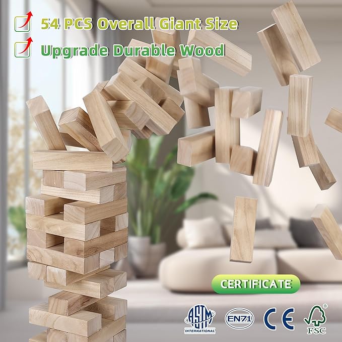 GOTHINK Giant Tumble Tower Game, Large Tumbling Tower Stacking Up to 5.5 FT 54pcs Wooden Jumbo Blocks for Outside Yard Games with Carry Case Timber Stacking Game Night Toy Gift for Kids Adults Family