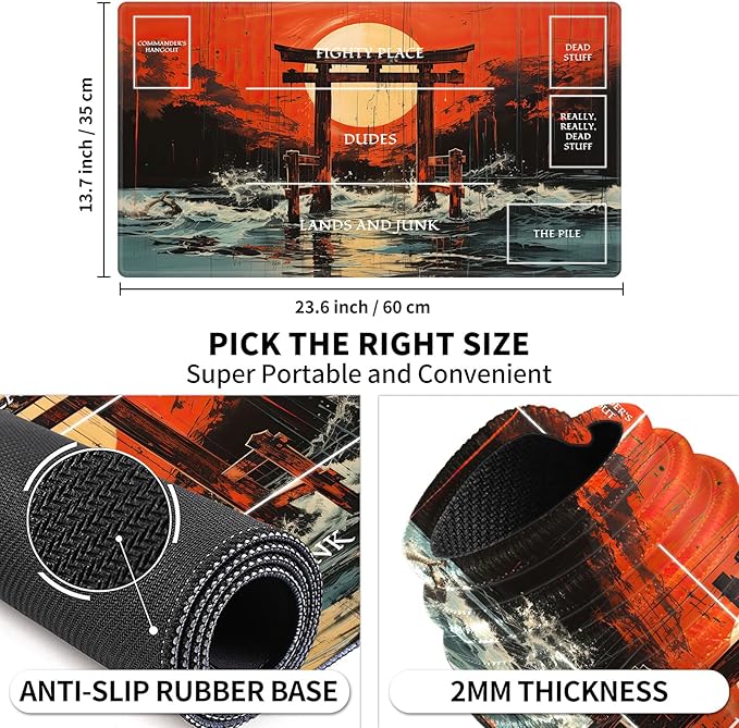 Playmat with Zones for MTG Card Game Playing, 24"x14" Commander Deck Gaming Desk Duel Mat for Beginner, Japanese Shrine Gate Torii Art