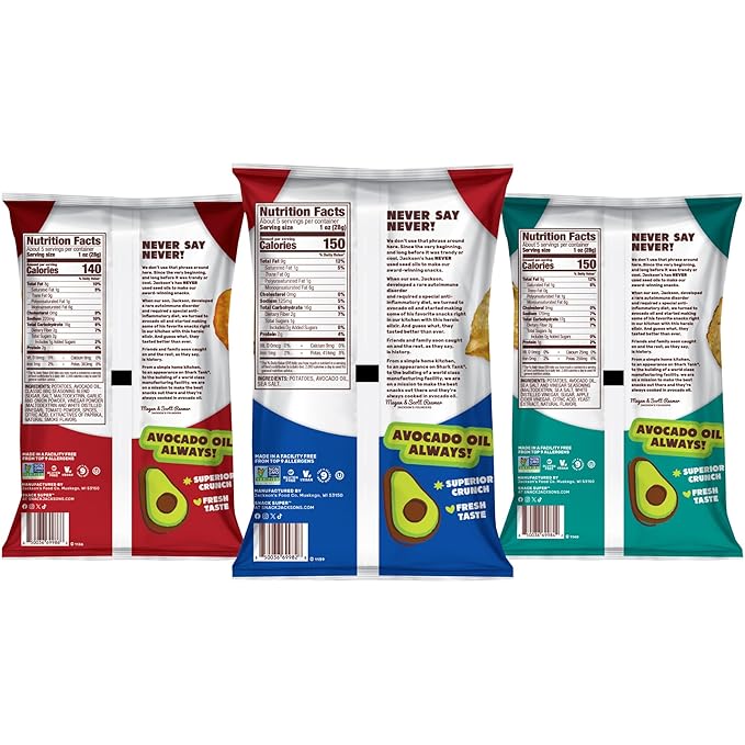 Jackson’s Classic Kettle Potato Chips (Variety Pack, 5 oz, Pack of 7) - Made with Premium Avocado Oil, Sea Salt, Salt & Vinegar and BBQ Flavors - Allergen-friendly, Gluten Free, Vegan