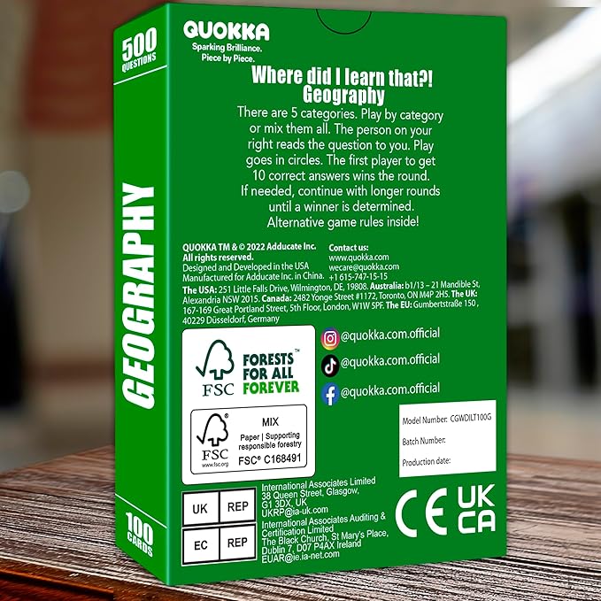 QUOKKA Trivia Card Game with 500 Questions in Geography – Trivia Games for Adults, Teens, and Families – Trivia Cards with Answers – Great Board Games Trivia for Family Party and Game Night