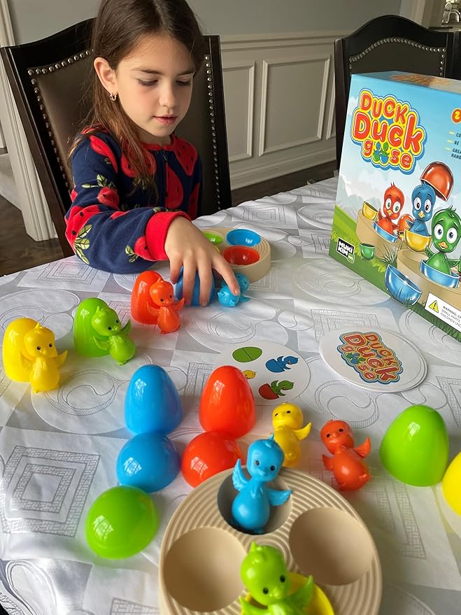 MUKIKIM Duck Duck Goose - Color Sorting & Shape Stacking Board Game Challenge. Educational & Fine Motor Skills Learning Fun for Ages 3+, Toddlers & Preschoolers! No Batteries Required