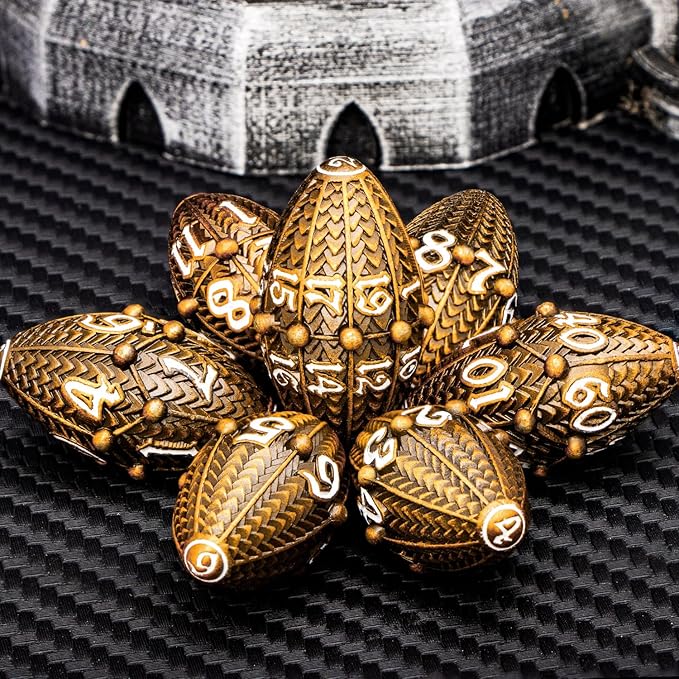 ARUOHHA DND Metal Dice Antique Gold Dragon Egg Dice with Rotating Dragon Egg Shell, Role Playing Game RPG Polyhedral D and D Dice Set D20 D12 D10 D8 D6 D4