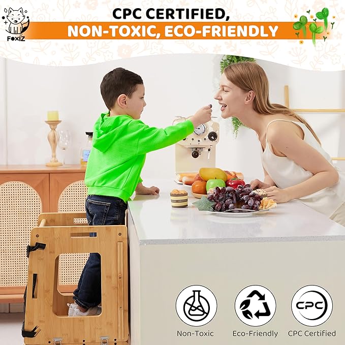 Montessori Inspired Bamboo 4 in 1 Convertible Toddler Tower with Storage and Safety Net, Foldable Learning Standing Tower, Activity Table and Step Stool for Toddlers 1-3