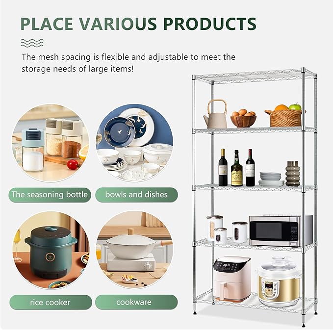 BestOffice 14Dx30Wx60H 5-Tier Wire Shelving Unit Steel Large Metal Shelf Organizer Garage Storage Heavy Duty NSF Height Adjustable Commercial Utility Storage Metal Rack on Wheels,Chrome