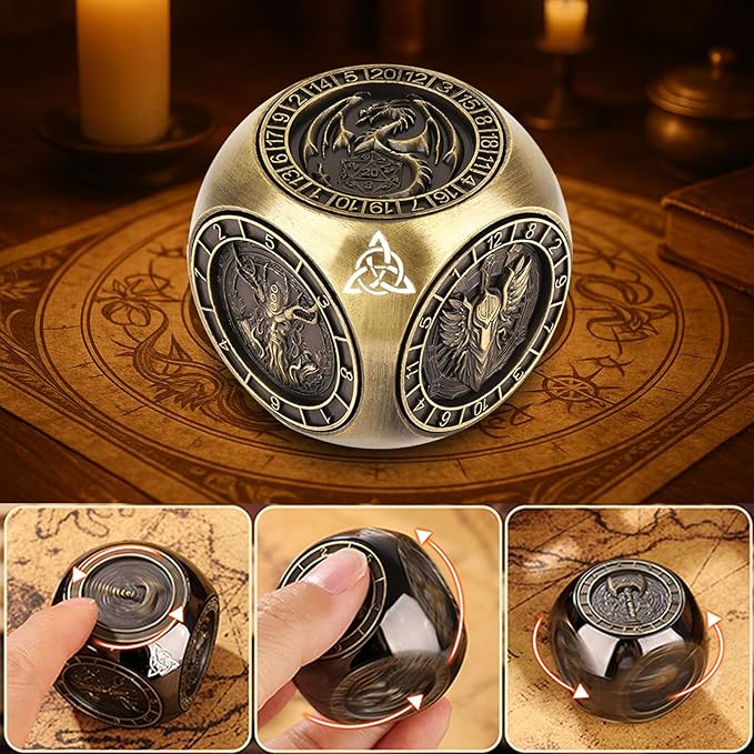 2025 New DND Spinner Dice for Dungeons and Dragons Gifts, 7-in-1 Metal Dice Set with 3D Relief, Polyhedral Roleplaying Game Dice, Fantasy D&D Tabletop RPG Accessories for DM & Player (Ancient-Gold)