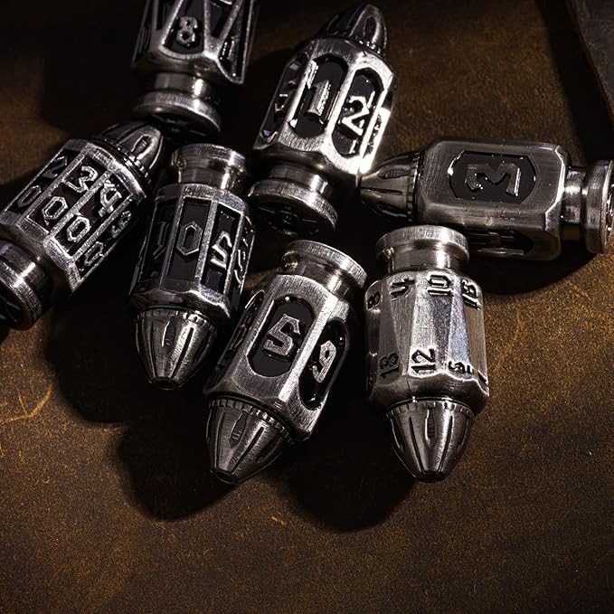 UDIXI Metal DND Dice Set, 7-Die Solid Polyhedral Bullet Metal Dice Set D&D with Unique Container for Role Playing Game or Other Tabletop Games（Ancient Silver）