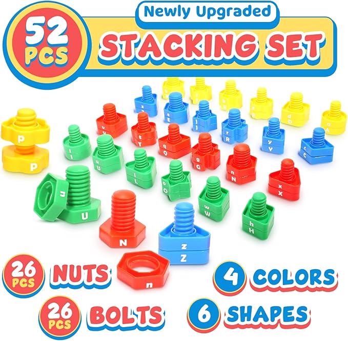 Letters Learning Matching Game | Fine Motor Skills Toy Set for Toddlers | 26 Alphabet Learning Toys with 52 pcs Nuts and Bolts Sorting & Stacking Toys, ABC learning Educational Montessori Toy for Kids