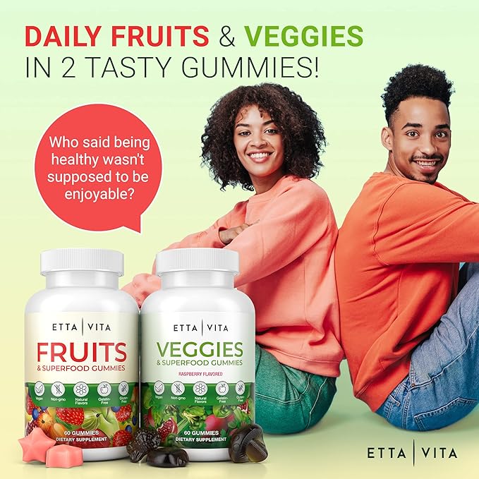 (120 Chews) Fruits and Veggies Supplement - Super Greens Gummies (9 Superfruits & 30 Veggies) Mushrooms, Fruit and Vegetable Vitamins, Non-GMO, Pectin-Based, Gluten-Free, No Capsules