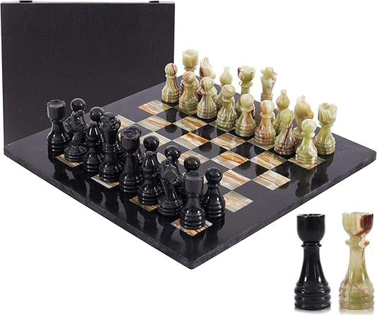 Marble Chess Set 15 Inch Handmade Oceanic & Black Board Game with Storage Box, Classic Travel Chess Set for Adults with Pieces & 2 Extra Queens, Elegant Gift & Home Décor