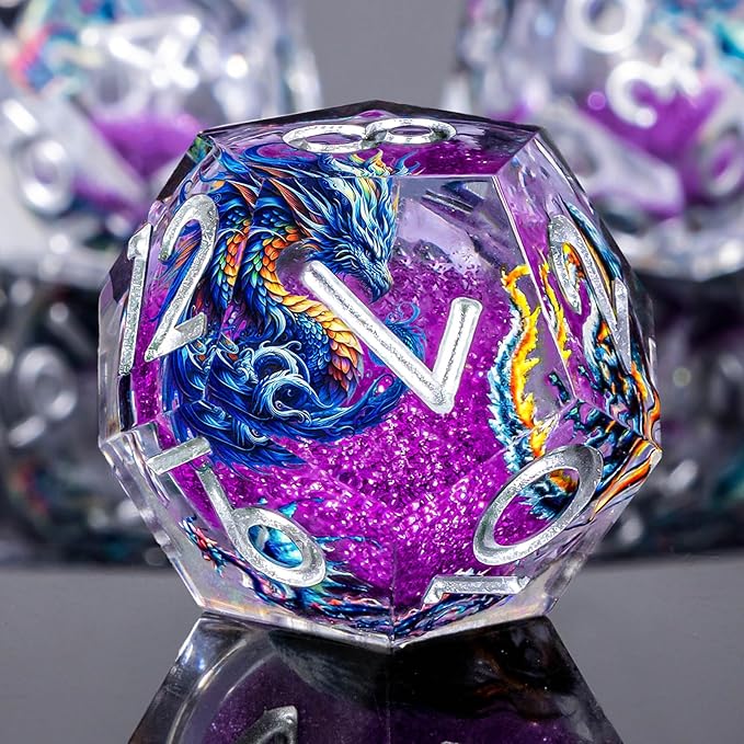 Dragon Pattern Liquid Core DND Dice Set, 7Pcs Sharp Edge D&D Dice with Gift Box, Resin Purple Dungeons Dragons D and D Role Playing Dice D20 D12 D10 D8 D6 D4