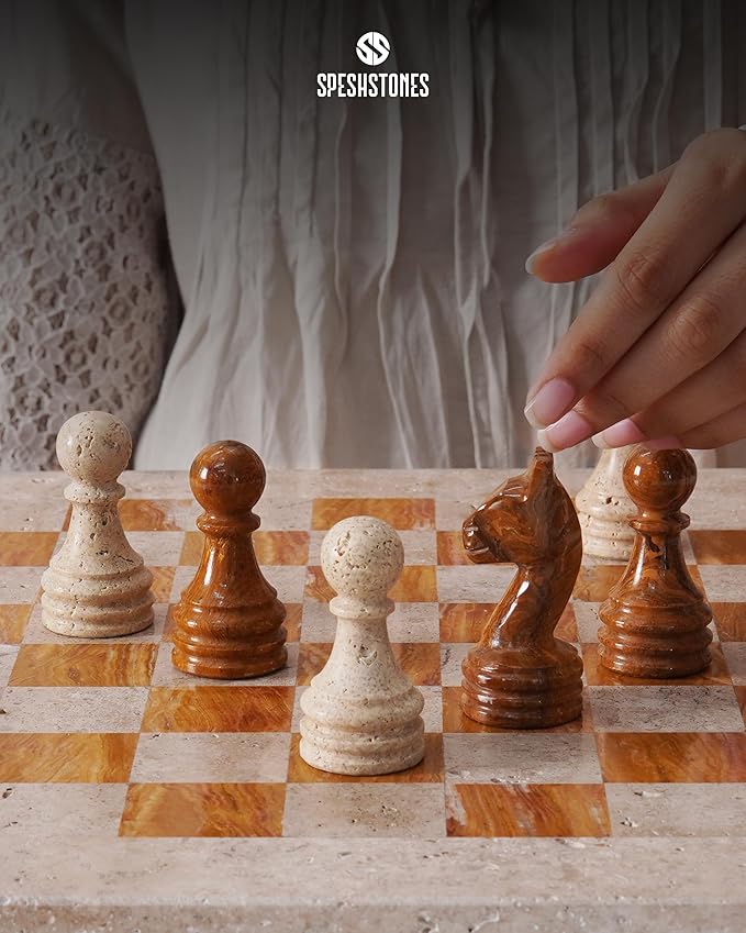 Marble Chess Set 15 Inch Travertine & Brown Checkers Board Game with Pieces, 2 Extra Queens and Storage Box, Strategy Set for Adults & Family, Travel, Tabletop Play