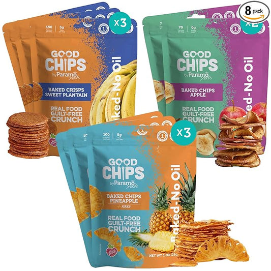 Good Chips Baked Crunchy Apple, Pineapple, Sweet Plantain - Crispy, Oil Free, Healthy, Naturally Sweet Dried Fruit Snacks Variety Pack - Pack of 8