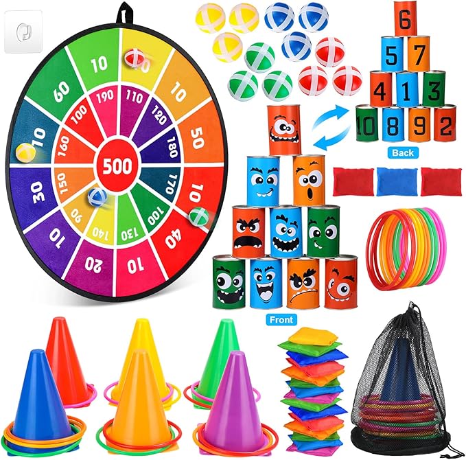 Hungdao 3 Sets Carnival Games Combo Set, Dart Board with Balls Plastic Cones Ring Bean Bags Toss Game for Boys Girls Adults Family Birthday Yard Indoor Outdoor(Vibrant Color, Fun Style)