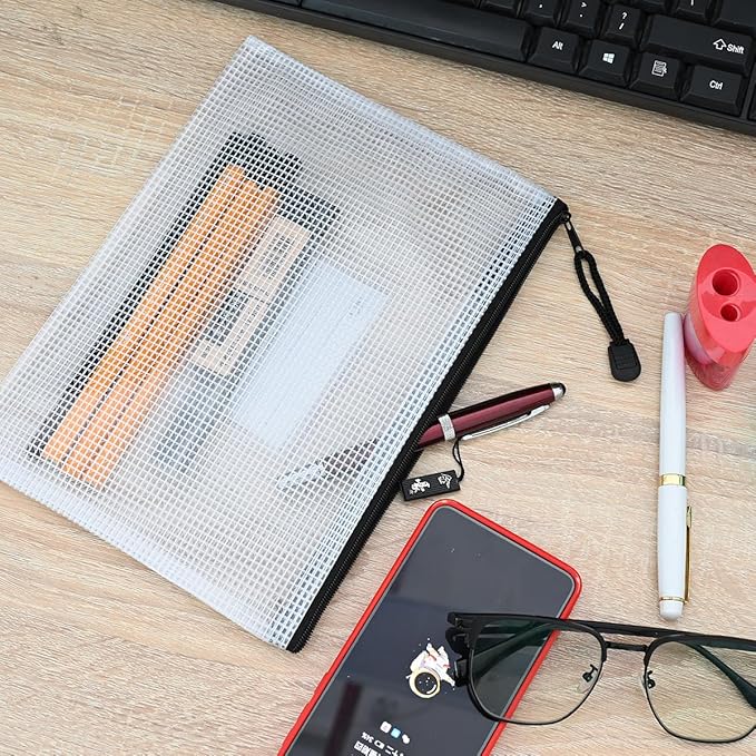 AUSTARK 20 Pcs Zipper File Bags, Plastic Mesh Pouch, Board Game Storage Bag, Waterproof Bags for Office School (A5 Size 9.2''x6.7'', White and Black)