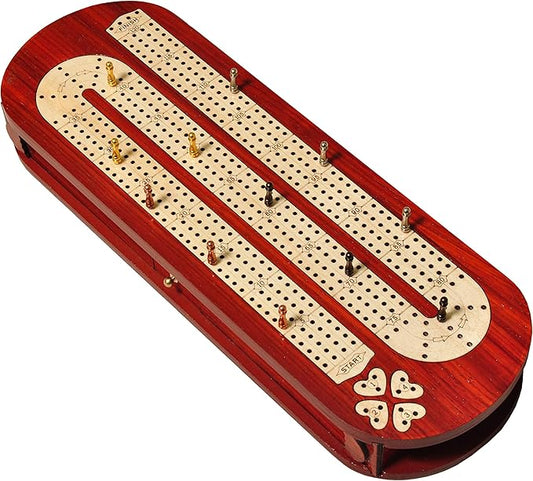 PALM ROYAL HANDICRAFTS 4 Track Wooden Cribbage Board Set Inlaid in Blood Wood and Maple Wood with pegs and Cards Storage Available. 4 Player Cribbage Board (15 x 5 Inches)
