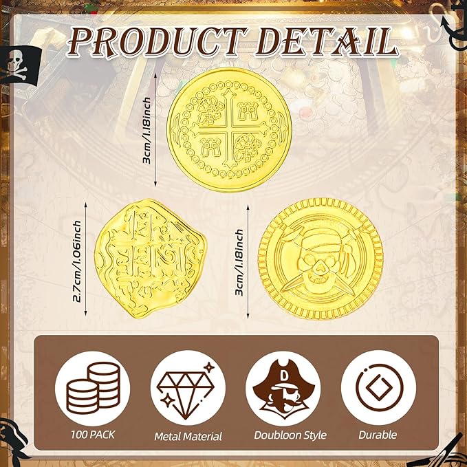 Hanaive 100 Pcs Metal Pirate Coins Bulk Gold Fake Coins Spanish Doubloon Tokens for Kids Board Games Pirate Party Cosplay(Irregular and Round)