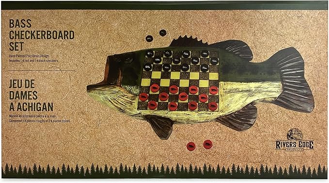 Rivers Edge Products Checkerboard Set for Cabin or Lodge, Rustic Checker Board Games for Adults, Tabletop 2 Players Game, Living Room Decor or Home Office Decor, Bass