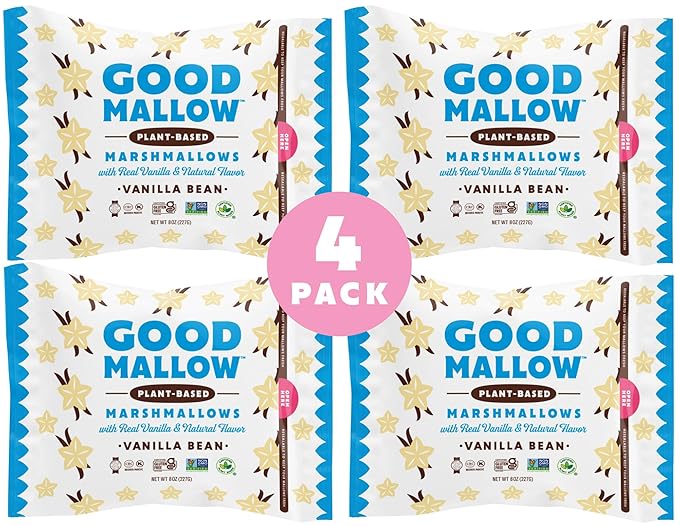 GoodMallow Vegan Marshmallows - Large Kosher Halal Gluten Free Dairy Free Healthy- Natural Gelatin Free Marshmallows for Hot Chocolate, Smores, Baking - Nothing Artificial (White Vanilla) (Pack of 4)