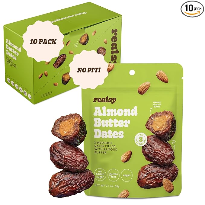 Realsy Almond Butter Filled Medjool Dates, Organic Dates with No Sugar Added, Gluten-Free, Vegan, Good Source of Fiber, Low Glycemic Index, All Natural Healthy Snack, (10 Pack)