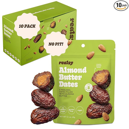 Realsy Almond Butter Filled Medjool Dates, Organic Dates with No Sugar Added, Gluten-Free, Vegan, Good Source of Fiber, Low Glycemic Index, All Natural Healthy Snack, (10 Pack)