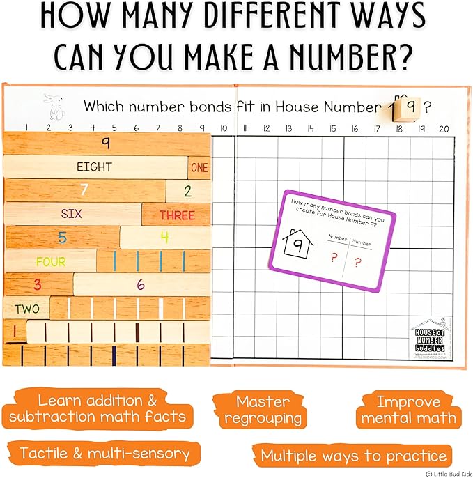 LITTLE BUD KIDS House of Number Buddies Math Game, a Number Bonds Math Toy with Number Rods and Addition & Subtraction Flash Cards, a Montessori Material for Kids 4-8 Years Old