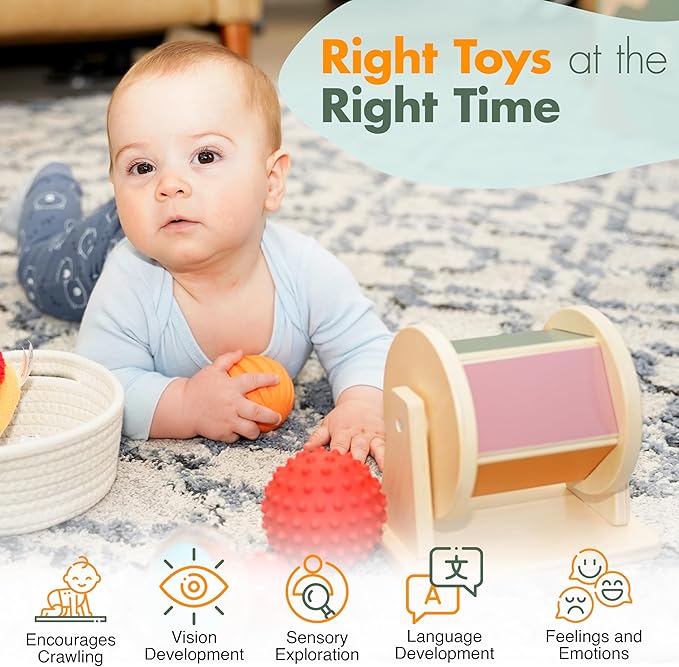 Montessori Toy Set 5-6 Months Infant Toys - Tummy Time Activity Wooden Spinning Drum, Sensory Balls Set, Texture Ball, Flash Cards, Baby Emotions Board Book, Newborn Gifts Basket