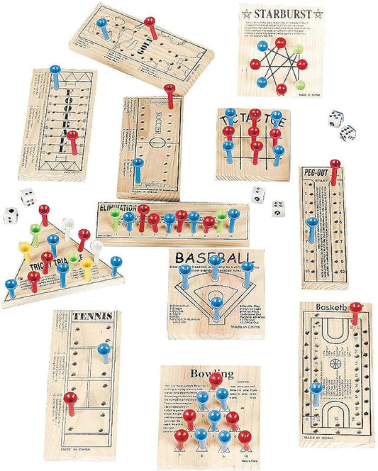Wooden Peg Board Game Variety Pack - Set of 12 - Variety of Old School and Old Fashioned Games